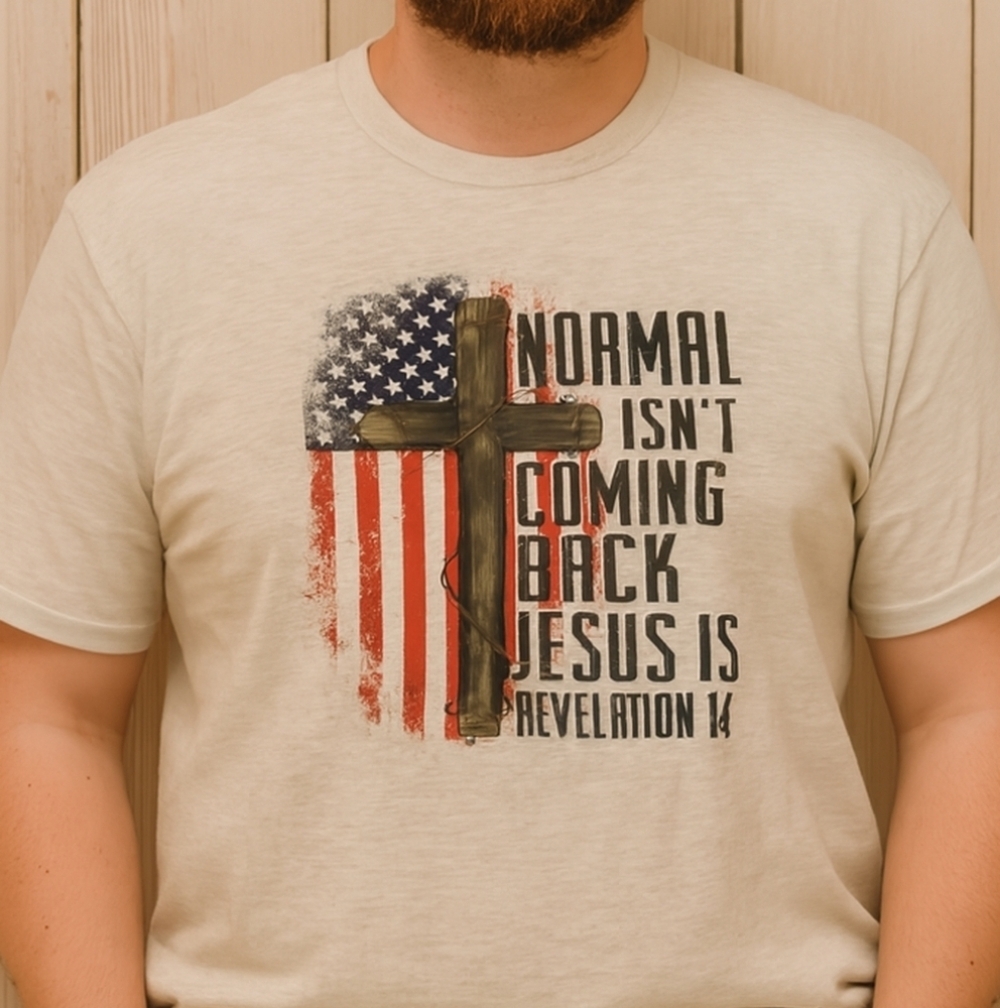 Gray Graphic Tee with Cross and Flag Design